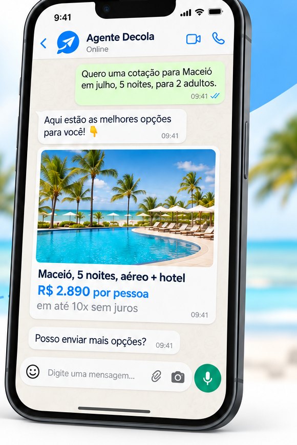 Celular mostrando a cotação de um pacote para Maceió no WhatsApp, com foto do hotel e preço